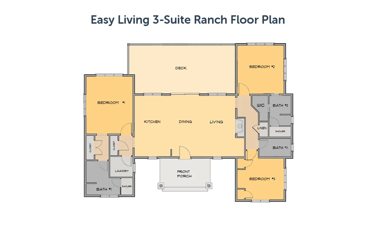 This wide-angle interior shot showcases an open-concept living area with views into the kitchen, living room, deck, and bedrooms. The large windows and visible deck suggest a strong connection between indoor and outdoor living, highlighting spaces where families and friends gather before or after outdoor adventures.