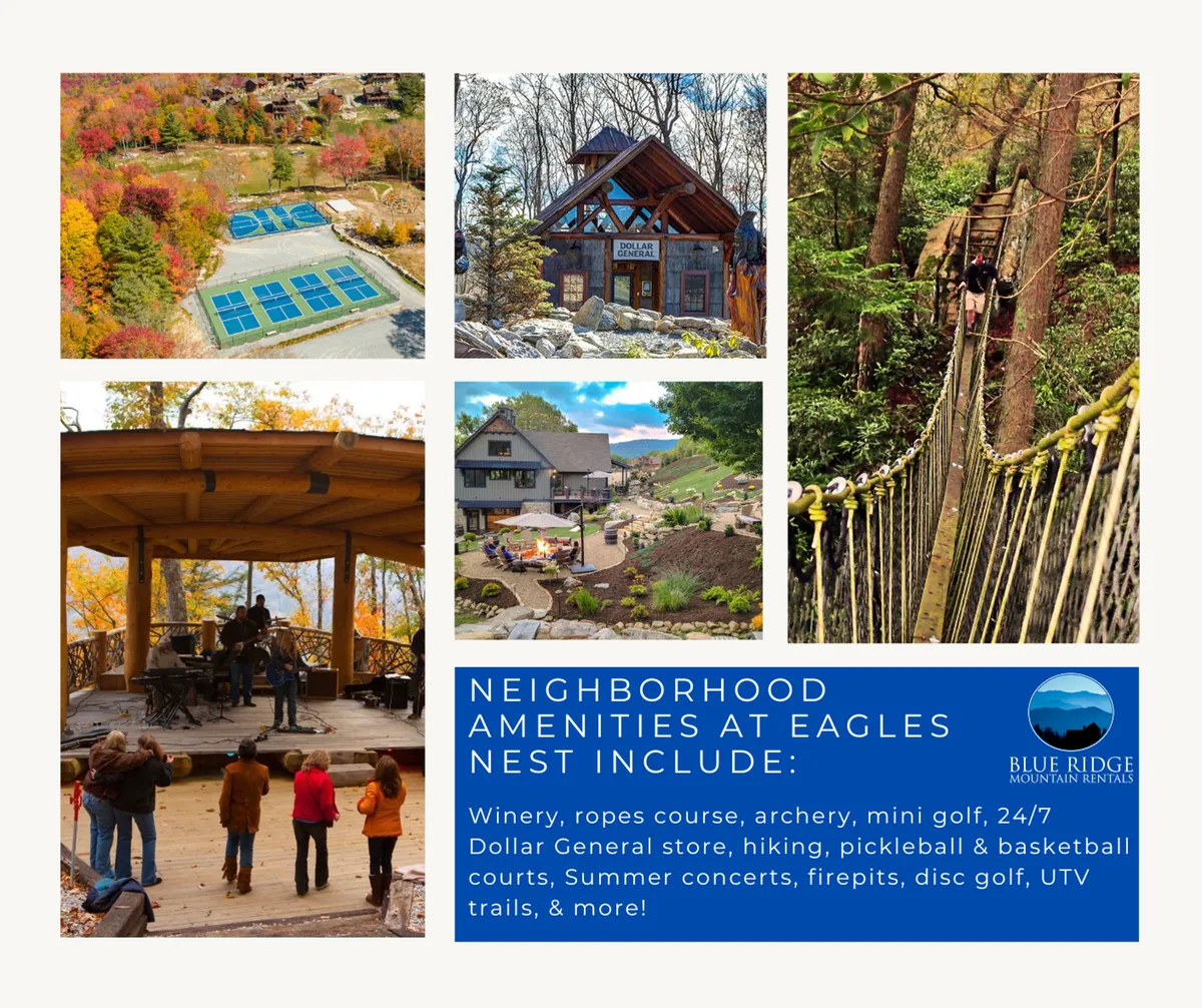 This vibrant exterior image captures the heart of the resort community, featuring expansive swimming pools, a wooden lodge, ropes course, an outdoor stage for concerts, and a range of recreational spaces like firepits and mini-golf. The scene is alive with people engaged in activities such as hiking and archery, emphasizing the breadth of amenities and communal experiences available.